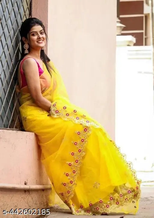 Yellow pink Syclon silk net saree with intricate embroidery work, India-made, free size (5.5m/0.8m)