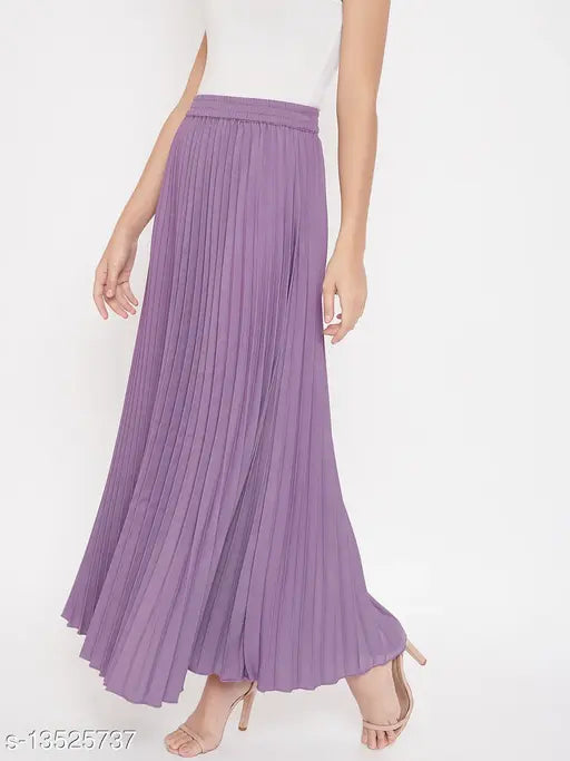 Purple crepe ankle length skirt with pleats, solid color