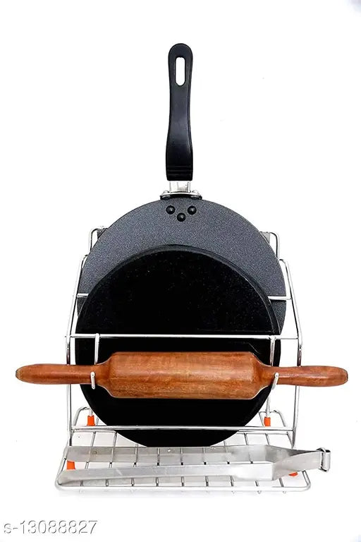 Rust-free stainless steel rolling pin holder with a kariox chakla belan and tawa stand, suitable for kitchen use