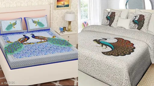 2 Best Jaipuri Peacock Printed Double Bedsheet Combo Pack 2 Peacock Printed bedsheet with 4 Pillow Cover