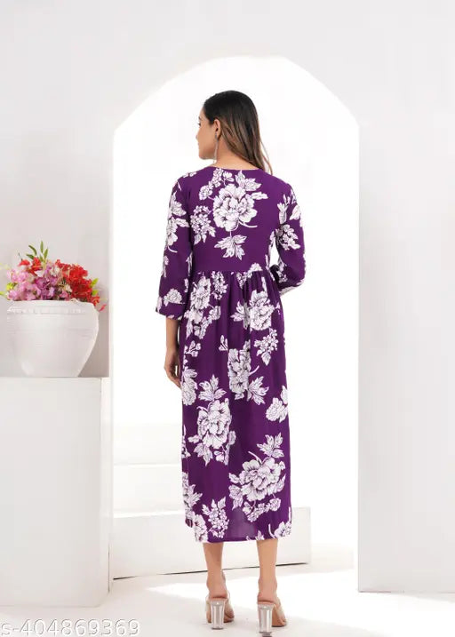 Purple angrakha style women's party wear with embroidered designs, sleeveless, maxi dress