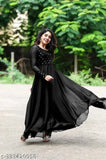 Black Georgette Apple Dress Embellished Net, heavy fox long sleeves, Indian hand-embroidery artistry on mannequin