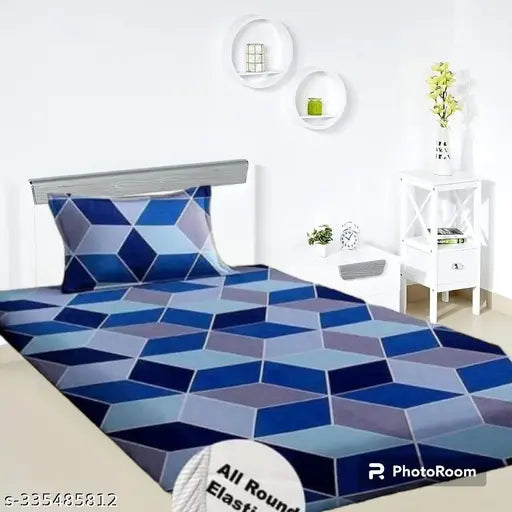 Glace cotton elastic single bedsheet with geometric print & pillow cover (36x78), modern bedroom decor, Indian-made for summer comfort