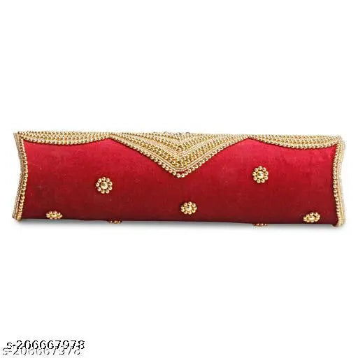 Red faux suede clutch with large sequin detail and a simple design