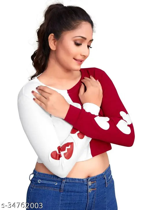 Popular heart design crop top, printed net with long sleeves and round neck. Made of 95% cotton, 5% lycra, perfect for casual wear. Available in sizes S, M, L (32, 34, 36 waist; 30, 32, 34 length)