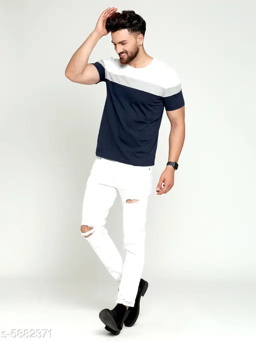 Multicolor cotton round-sleeved t-shirt for men, colorblocked design, sizes S-XXL, made in India