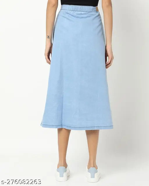 Blue denim skirt, high waist, long length
