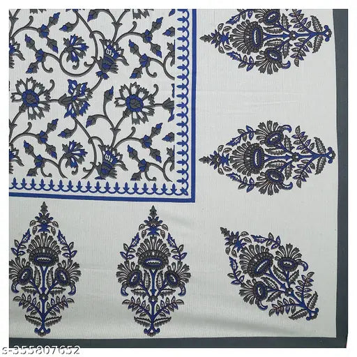 Blue floral Jaipuri cotton bedsheet with intricate design, 100% cotton, single bedsheet.