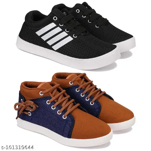 Black, white and brown canvas casual kids shoes with velcro closure