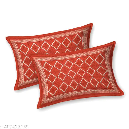 Two red embroidered cotton pillow covers with diamond pattern, 407427159