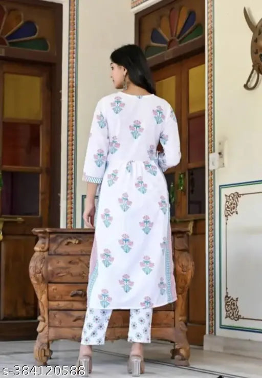 Grey and white kurta with matching pants set, casual wear women's fashionable outfit