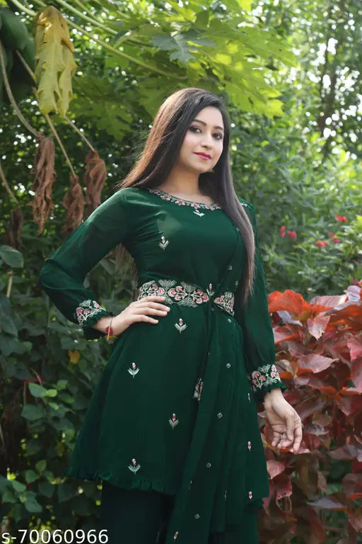 Green faux Georgette embroidered Kurta Palazzo set with dupatta - Miss Ethnik women's traditional Indian attire