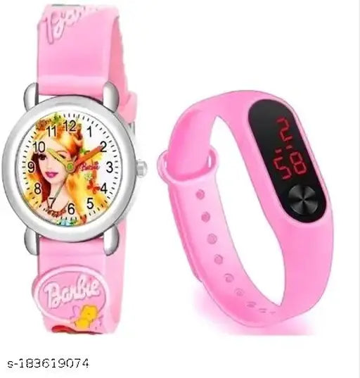 Barbie analog watch with free pink band, two high-quality kids' watches on display, best deal for a fun accessory