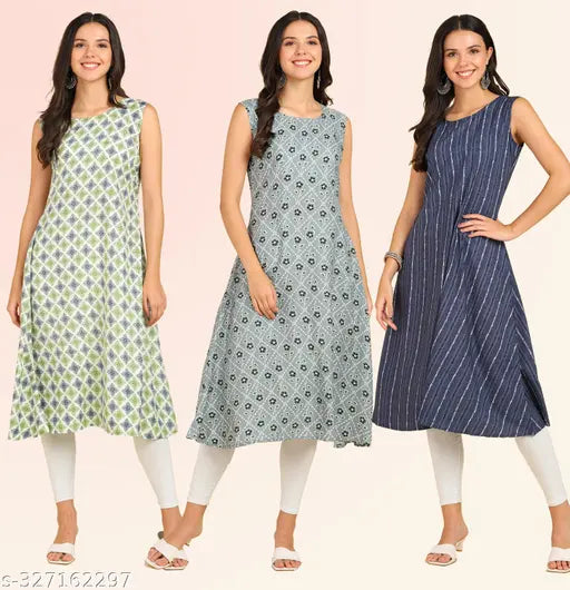 Women's ethnic wear printed round kurti combo pack of 3 (S-XL), Indian crepe, calf length Anarkali style for casual and formal occasions