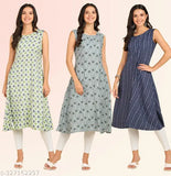 Women's ethnic wear printed round kurti combo pack of 3 (S-XL), Indian crepe, calf length Anarkali style for casual and formal occasions