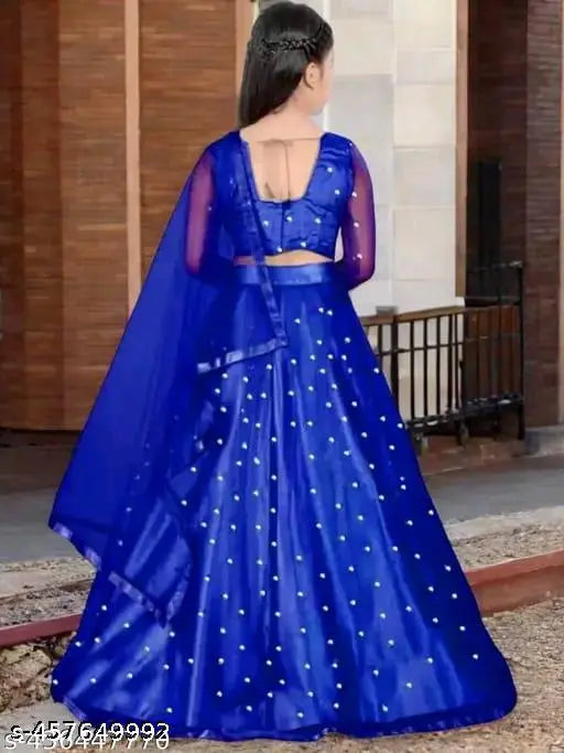 Embroidered satin kids lahanga choli with net dupatta, long sleeves, in various sizes from 3-15 years
