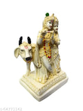 Cream-colored Polyresin Radha Krishna Cow God Idol Murti Figurine for Pooja, Mandir, Temple, Home, or Office (Size 4 x 55 x 9 inches)