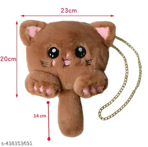 Small, brown faux fur cat tail sling bag with pink ears and paws, featuring a keychain attachment