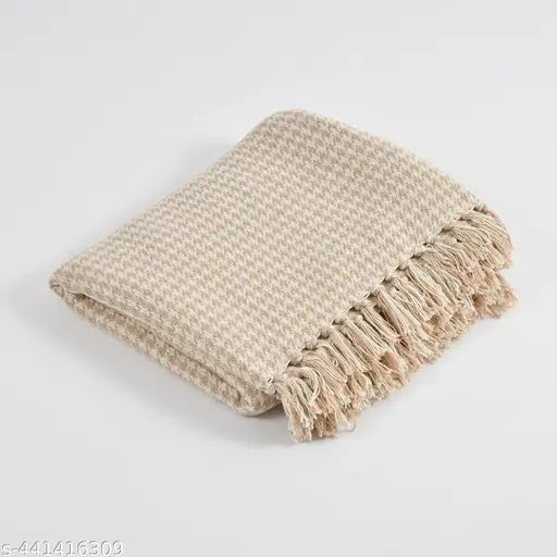 Beige extra-fine plaid cotton throw, ethnic motifs, cozy home decor
