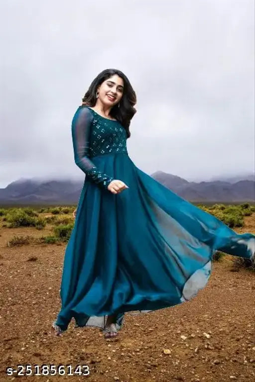 Georgette long-sleeved solid kurti, Indian fancy gown type