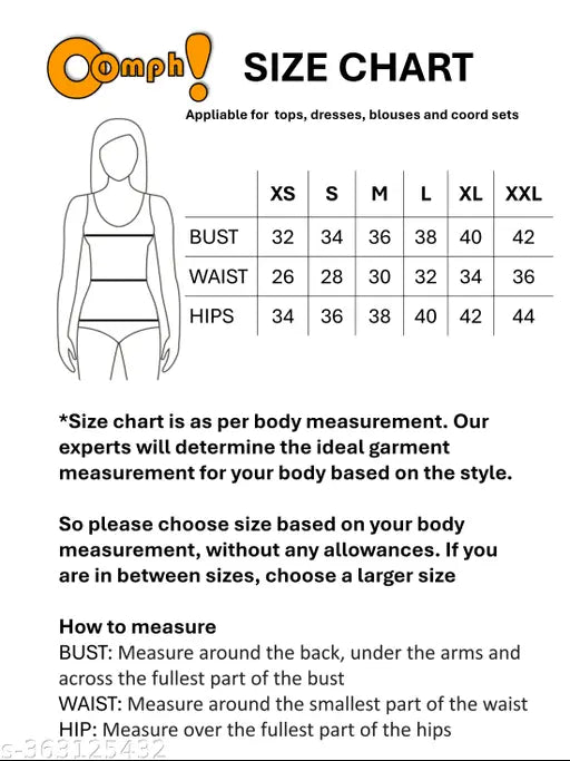 Women's abstract layered multicolored skirts. Size chart with measurements for waist, bust, hips and waist length