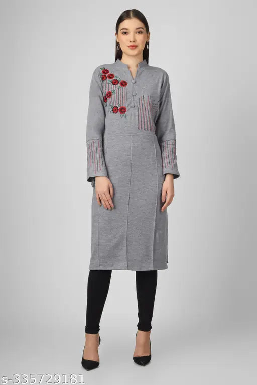 Gray, wool embroidered long kurta