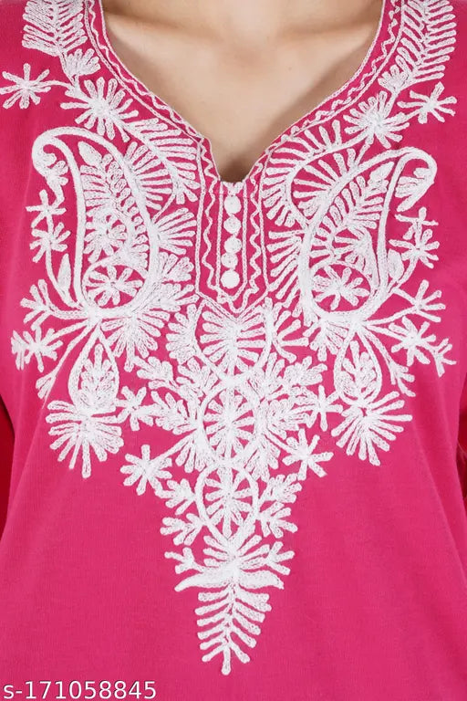 Magenta embroidered aari kurta for women with kameez and pajama