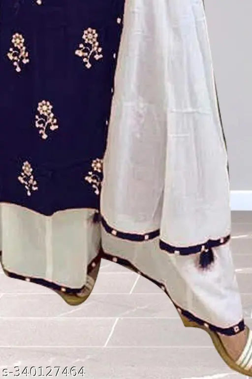 Rayon printed net kurti palazzo set for woman, single piece featuring three-quarter sleeves and matching dupatta, available in sizes S, M, L, XL, XXL, XXXL from India