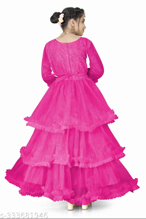 Exquisite net solid-sleeve kids' gown, handcrafted with care, India