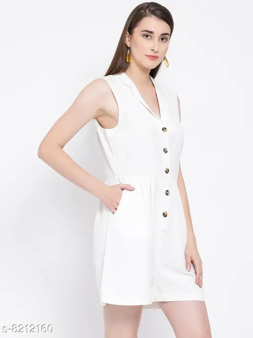 White women's cotton playsuit, solid color, regular fit by Oxolloxo