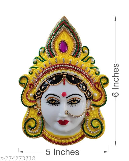 Yellow plastic Maa Lakshmi Mukhota for pujas and decor, Hindu goddess of wealth and prosperity, approx. dimensions: 15 x 13 x 4 cm, approximately 100 grams