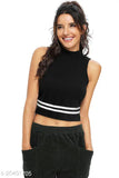 Black cotton blend striped hosiery crop top (18") - sleeveless, casual style with net pattern on front