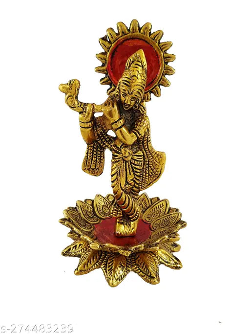 Krishna playing flute on Kamal flower, decorative metal idol for Vastu, home temple, office gifting. Dimensions: L-B-H-8x8x14 cm. Indian-made