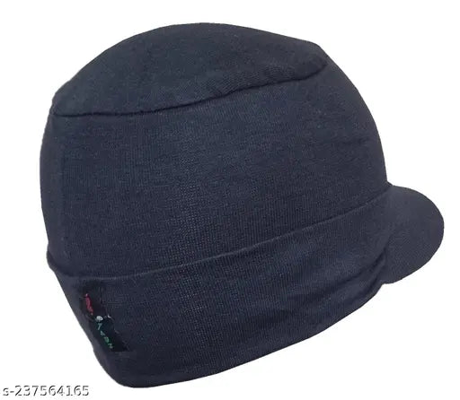 Black cotton beanie cap with skull design & visor, solid style for unisex wear, made in India