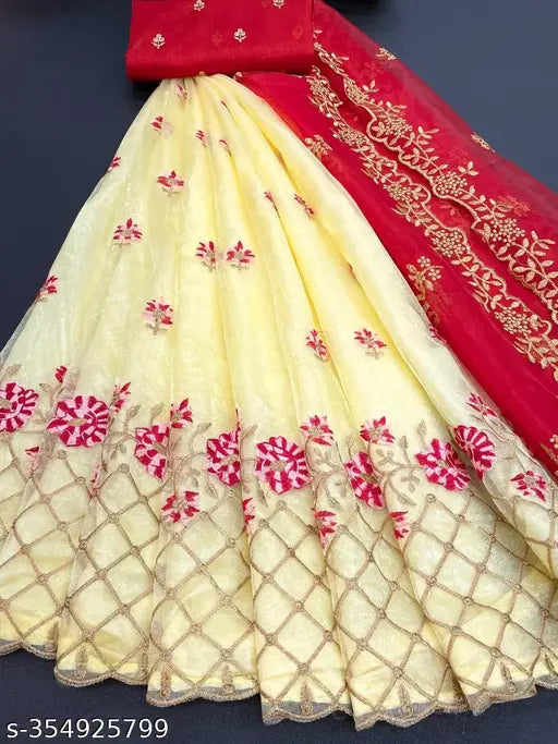 Heavy embroidered dupion silk & net semi-stitched Lehenga Choli with intricate thread work, trendy Indian attire for women, flared style and free size available