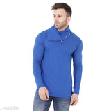 Blue cotton blend long sleeves high neck t-shirt by Blisstone, solid design
