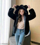 Stylish wool ear hoodie for women & girls, solid color, long sleeves. High-quality polyester, comfortable and breathable, suitable for daily wear and various occasions
