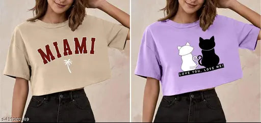 Oversized printed crop top women's T-shirt pack of 4 with trendy fashionista design