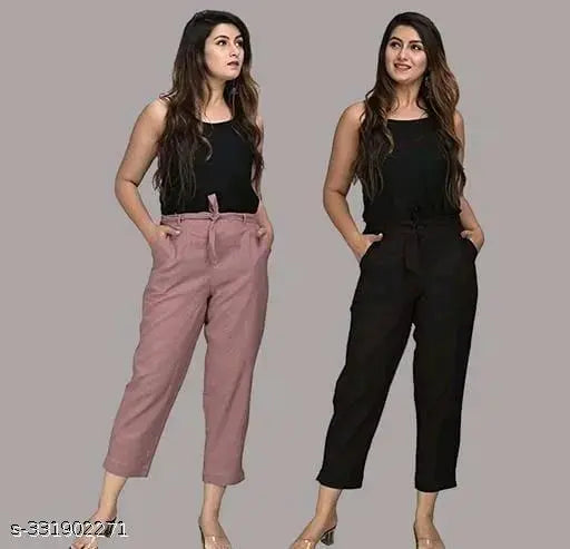 Rayon straight casual trousers for women, pack of 2 - Solid pattern, available in multiple sizes from 26-38 inches (India origin)