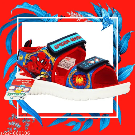 Green comfort kids' sandals with "SPIDERMAN 1" design and "Kids Shoes" text, red color, featuring a Velcro closure, in size 5x10 for boys. These are casual open-toe sandals, designed to provide comfort and style for children