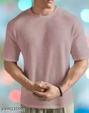 Trendy stylish men's cotton blend popcorn t-shirt, solid color on clothing rack, India origin