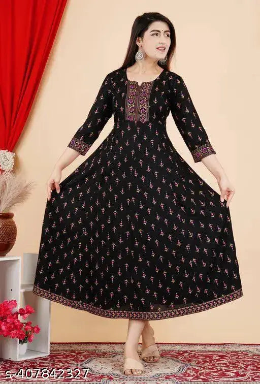 Rayon printed black Anarkali kurti for women, three-quarter sleeves, stylish Indian fashion accessory on display