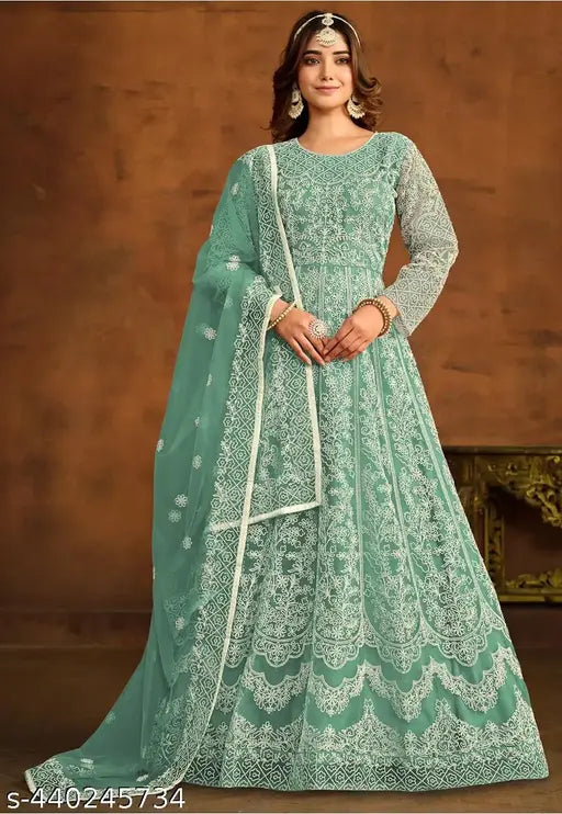 Net embroidered women's staylist gown up to 2XL with dupatta, India-made free size net gown on display