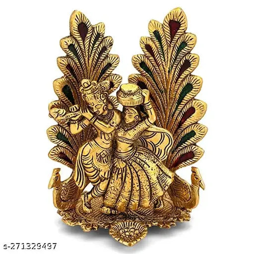 Multi-colored metal Radha Krishna idol statue with peacock diya design, 20cm high, home decor