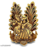 Multi-colored metal Radha Krishna idol statue with peacock diya design, 20cm high, home decor