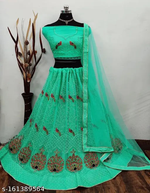 Embroidered net Choli and Dupatta set, FLEX_LEHENGA_MORNI_RAMA from India
