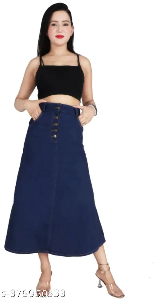 Navy Blue Denim A-Line Maxi Skirt with Four Buttons, lightweight & breathable, suitable for all body types and seasons. Made in India