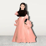 Velvet-and-net kids lehenga set, solid design with long sleeves, Indian fancy designer, heavy velvet blouse and brodered net dupatta
