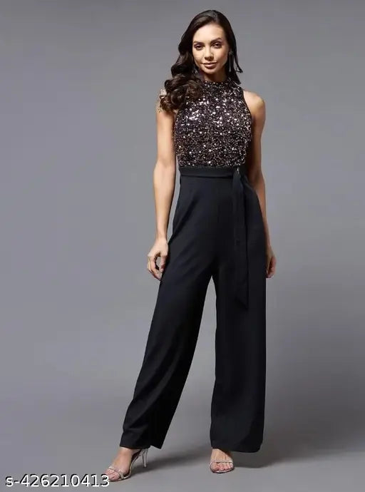 Sleeveless embroidered net Lycra jumpsuit for women, multiple sizes available, India-made fashion
