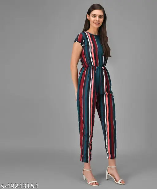 Green striped crepe casual jumpsuit for women, printed net pattern on short sleeves, trendy, India origin